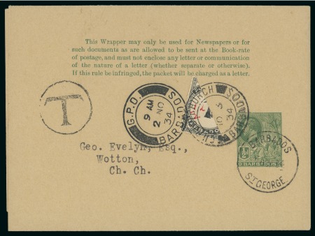 Stamp of Barbados 1934 (2 NO) 1/2d Green postal stationery wrapper used, bearing bisected 1934-47 postage due 1d black
