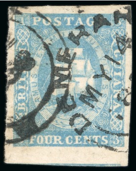 Stamp of British Guiana 1855 4c pale blue showing the retouch above the lower label, used