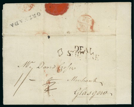 1785 (Mar 19) Entire letter to Glasgow rated 1/2 and 1/- showing on reverse fine Grenada second type handstamp