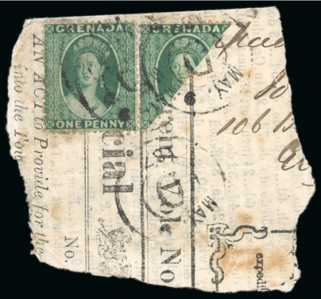 Stamp of Grenada 1873 (Jan) 1d. deep green, watermark small star sideways, clean-cut perf.15, bisected diagonally on piece