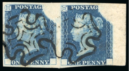 Stamp of Great Britain » Line Engraved Essays, Plate Proofs, Colour Trials and Reprints 1840 1d Rainbow trial pair in blue from the right of the sheet each neatly cancelled by black Maltese cross