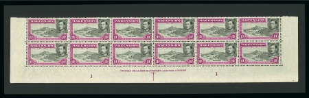 Stamp of Ascension » King George VI 1938-53 10s Black & Bright Purple perf.13 1/2 in mint n.h. lower marginal block of 12 with De La Rue printer's inscription