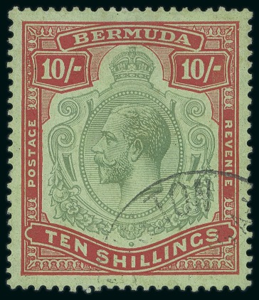 Stamp of Bermuda 1924-32 10s Green & Red on pale emerald showing repaired variety "break in lines below left scroll" 