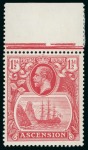 Stamp of Ascension » King George V 1924-33 1 1/2d Scarlet mint n.h. top marginal with variety "broken scroll" mint and 2d Grey-Black & Grey with variety "torn flag" with "Madame Joseph" forged cancel