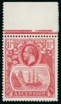 1924-33 1 1/2d Scarlet mint n.h. top marginal with variety "broken scroll" mint and 2d Grey-Black & Grey with variety "torn flag" with "Madame Joseph" forged cancel