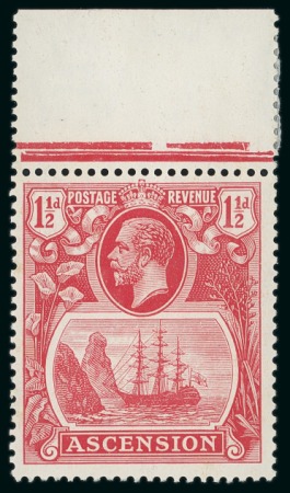 1924-33 1 1/2d Scarlet mint n.h. top marginal with variety "broken scroll" mint and 2d Grey-Black & Grey with variety "torn flag" with "Madame Joseph" forged cancel