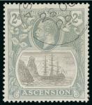 Stamp of Ascension 1924-33 1 1/2d Scarlet mint n.h. top marginal with variety "broken scroll" mint and 2d Grey-Black & Grey with variety "torn flag" with "Madame Joseph" forged cancel