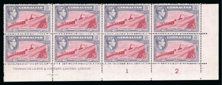 1938-51 6d Carmine & Grey-Violet perf.14 mint lower right corner marginal block of 8 with De La Rue printer's imprint and plate numbers