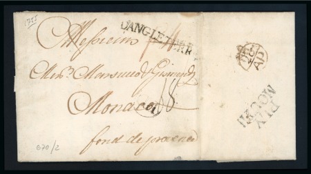 Stamp of Great Britain » Postal History » Pre-Adhesive & Stampless 1755 (April 25) Entire letter from Plymouth to Monaco