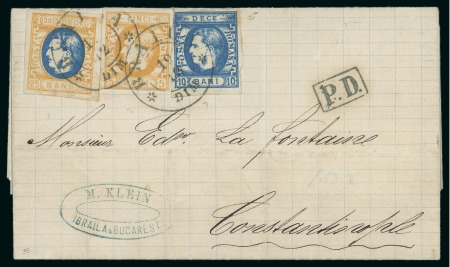 Stamp of Romania 1869 5b orange, 10b blue and 25b orange and blue on cover to Turkey