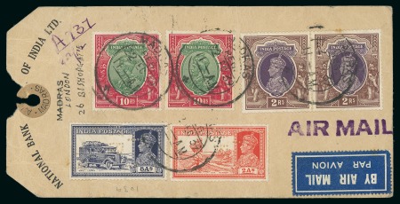 Stamp of India » 1855-1946 De La Rue and later Crown Colony Issues 1939 (Dec 22) Parcel tag sent by registered airmail with KGV high values incl. 25R pair