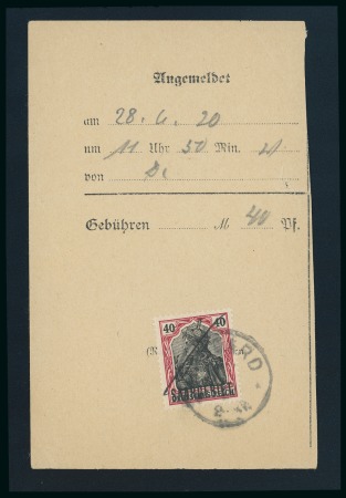 Stamp of Germany » Plebiscite Areas » Saar 1920 40pf dark carmine on telephone form receipt