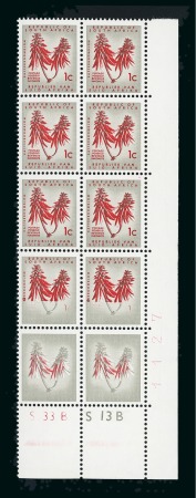 Stamp of South Africa » Union & Republic of South Africa 1961-63 Definitives 1c in mint n.h. vertical corner plate block of 10 showing a dry print affecting the two stamps at foot