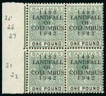 Stamp of Bahamas 1942 Columbus £1 mint n.h. left marginal block of four, with variety "dots in 4 of 1492"