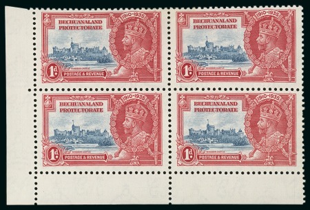 Stamp of Bechuanaland 1935 Silver Jubilee set of four with "extra flagstaff" variety in mint h.r. lower left corner blocks of four