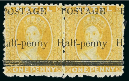 Stamp of South Africa » Natal 1877-79 1/2d on 1d yellow, pair with horizontally misplaced surcharge