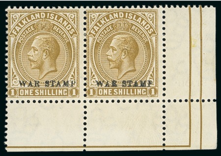 Stamp of Falkland Islands 1918-20 War Stamp 1s mint h.r. lower right corner marginal pair showing variety reverse albino overprint in the margin