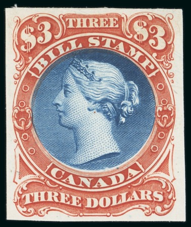 Stamp of Canada Revenues: 1865 Bill Stamp 1c to $3 plate proofs on India affixed to card