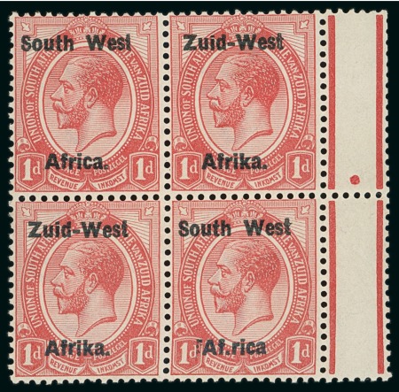 Stamp of South West Africa 1923 1d with variety "Af.rica" in mint l.h. right marginal block of four