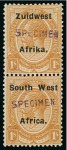 1923-26 Type VIa 1s, 10s and £1 in mint vertical pair with "SPECIMEN" hs