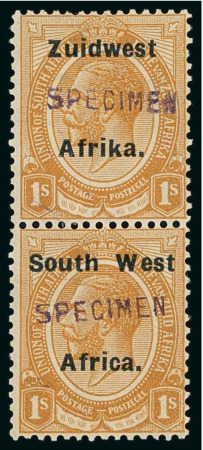 Stamp of South West Africa 1923-26 Type VIa 1s, 10s and £1 in mint vertical pair with "SPECIMEN" hs