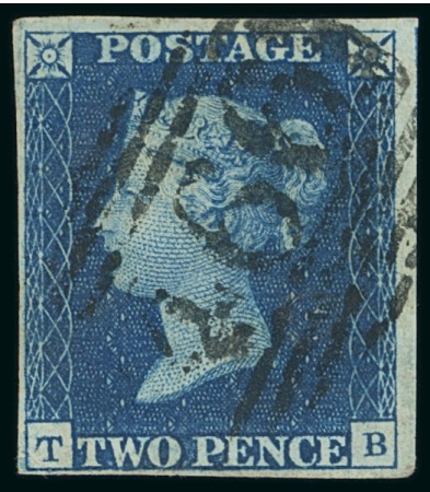 Stamp of Large Lots and Collections Great Britain: 1840 2d blue used group of five incl. one with 1844-type "466" numeral