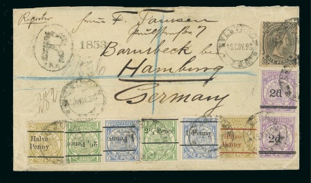 Stamp of South Africa » Transvaal 1898 (Nov 19) "Tamsen" envelope sent registered from Nylstroom to Germany with a range of 1885, 1887 and 1893 surcharged stamp