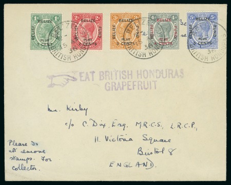 Stamp of British Honduras 1932 Belize Relief Fund set of five on 1936 (Apr 15) envelope to England