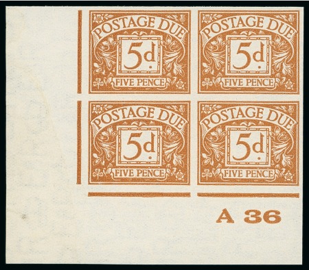 Stamp of Great Britain » Postage Dues 1936-37 5d Brownish-Cinnamon, wmk E 8 R sideways, mint n.h. imperforate imprimatur left hand corner marginal A36 control block of four