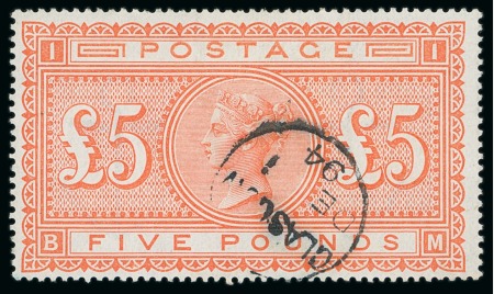 Stamp of Great Britain » 1855-1900 Surface Printed » 1867-83 High Values 1867-83 £5 Orange BM on white paper with neat Glasgow cds