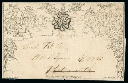 Stamp of Great Britain » 1840 Mulreadys & Caricatures 1840 (Jul 3) 1d Mulready lettersheet, forme 1 stereo A1, with "Economical Life" advertisement, London "8" in MC