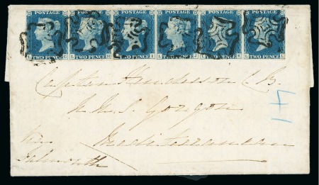 Stamp of Great Britain » 1840 2d Blue (ordered by plate number) 1841 (25th April) entire letter from Thurso to H.M.S. Gorgon in the Mediterranean bearing 1840 2d blue pl.1 LG-LL strip of six