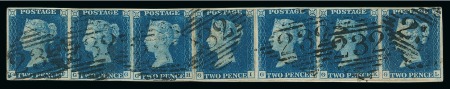 Stamp of Great Britain » 1840 2d Blue (ordered by plate number) 1840 2d blue pl.2 GF-GL in two strips of three and a single making up the original strip of seven tied to piece