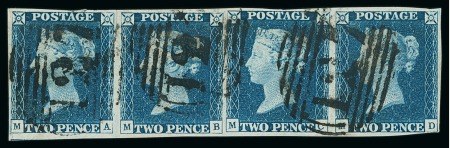 Stamp of Great Britain » 1840 2d Blue (ordered by plate number) 1840 2d deep blue pl.1 MA-MD horizontal strip of four, good to very large margins all round