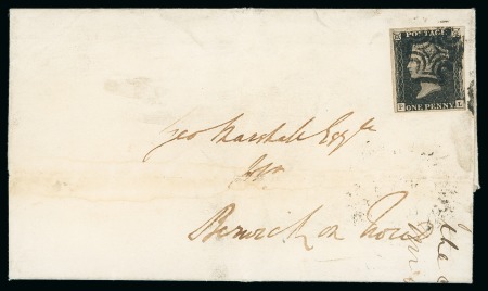 Stamp of Great Britain » 1840 1d Black and 1d Red plates 1a to 11 1840 1d black pl.11 PL, good to very large margins neatly tied to entire letter, plus matching 1d red on entire