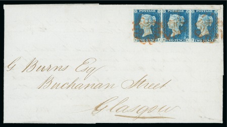 Stamp of Great Britain » 1840 2d Blue (ordered by plate number) 1840 (Aug 25) Wrapper from Greenock to Glasgow (Scotland) with 1840 2d blue pl.1 KJ-KL strip of three