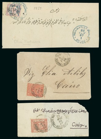 1867-76, Small group of covers, fronts & pieces, incl. 1866 1pi on front tied by blue Cairo cds