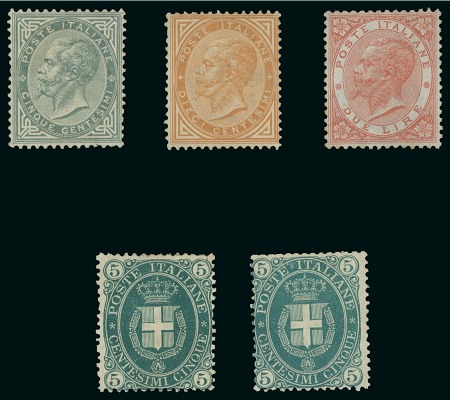 Stamp of Italy 1863-89, Small mint/unused group incl. unused 1863-77 5c, 10c (corner perf. crease) and 2L, and two mint 1889 5c