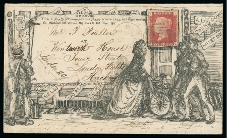 Stamp of Great Britain » Hand Illustrated and Printed Envelopes 1866 (Oct 10) Printed envelope showing a closed high street shop with 1864-79 1d red