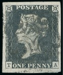 1840 1d. black pl.1b TA and pl.2 TL, each with very large to enormous margins