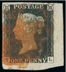 1840 1d. black pl.1b TA and pl.2 TL, each with very large to enormous margins
