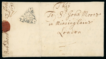 Stamp of Great Britain » Postal History » Pre-Adhesive & Stampless 1713 (Jan 14) Small wrapper to near Horncastle, Lincolnshire, with Dockwra Westminster ds and "JA / 14" bishop ds