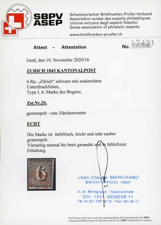 Stamp of Switzerland / Schweiz » Kantonalmarken » Zürich Zürich 6 Rp. schwarz, mit gut sichtbaren senkrechten Unterdrucklinien, Type I, 6. Marke des Bogens