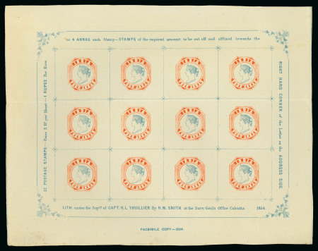 Stamp of India » 1854 Lithographs Spence 64: 4a vermilion and pale blue on yellowish wove unwatermarked paper in complete sheet of 12