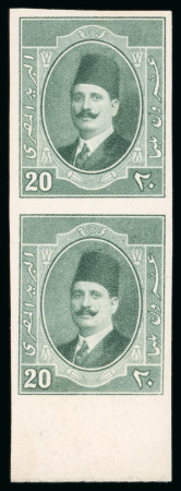 Stamp of Egypt » 1914-53 Pictorial, Farouk and Fuad Essays 1922 20m green, bottom sheet marginal vertical pair,