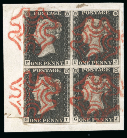 Stamp of Great Britain » 1840 1d Black and 1d Red plates 1a to 11 1840 1d Black pl.2 FI-GJ without ray flaws in block of four, fine to good margins, beautifully tied to a piece by crisp red MCs