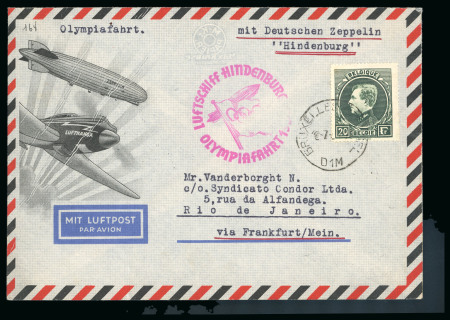 Belgium: 1936 (Jul 18) Pictorial airmail envelope sent with 20c tied by Brussels cds with Olympiafahrt cachet adjacent