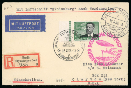 1936 (Aug 12) Envelope sent registered by Hindenburg Zeppelin with 2M airmail tied by Olympic Village "bell" pictorial cancel