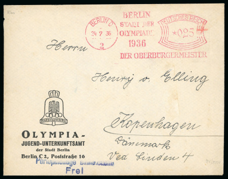 1936 "BERLIN STADT DER OLYMPIADE 1936 DER OBERBÜRGERMEISTER" machine frank on "Olympia Youth Accommodation Office" printed envelope