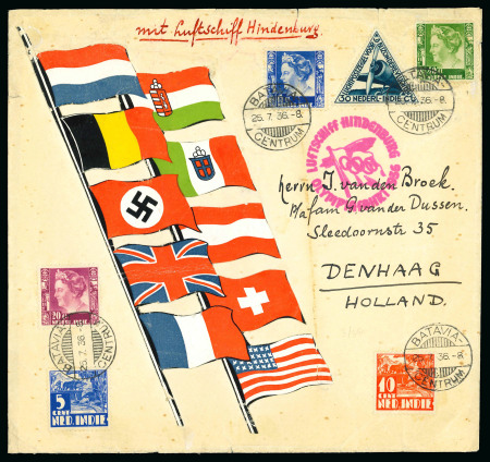 Netherlands Indies: 1936 (Jul 25) Envelope with 6-stamp franking tied by Batavia cds, with Hindenburg Olympiafahrt cachet adjacent